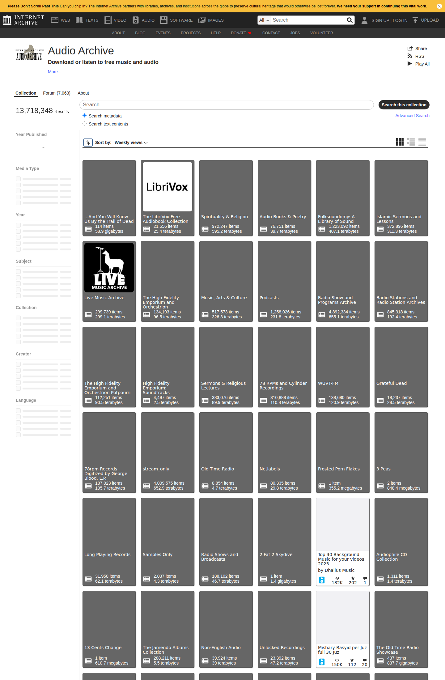 Screenshot of the Internet Archive Audio collection page showing downloadable music and audio collections