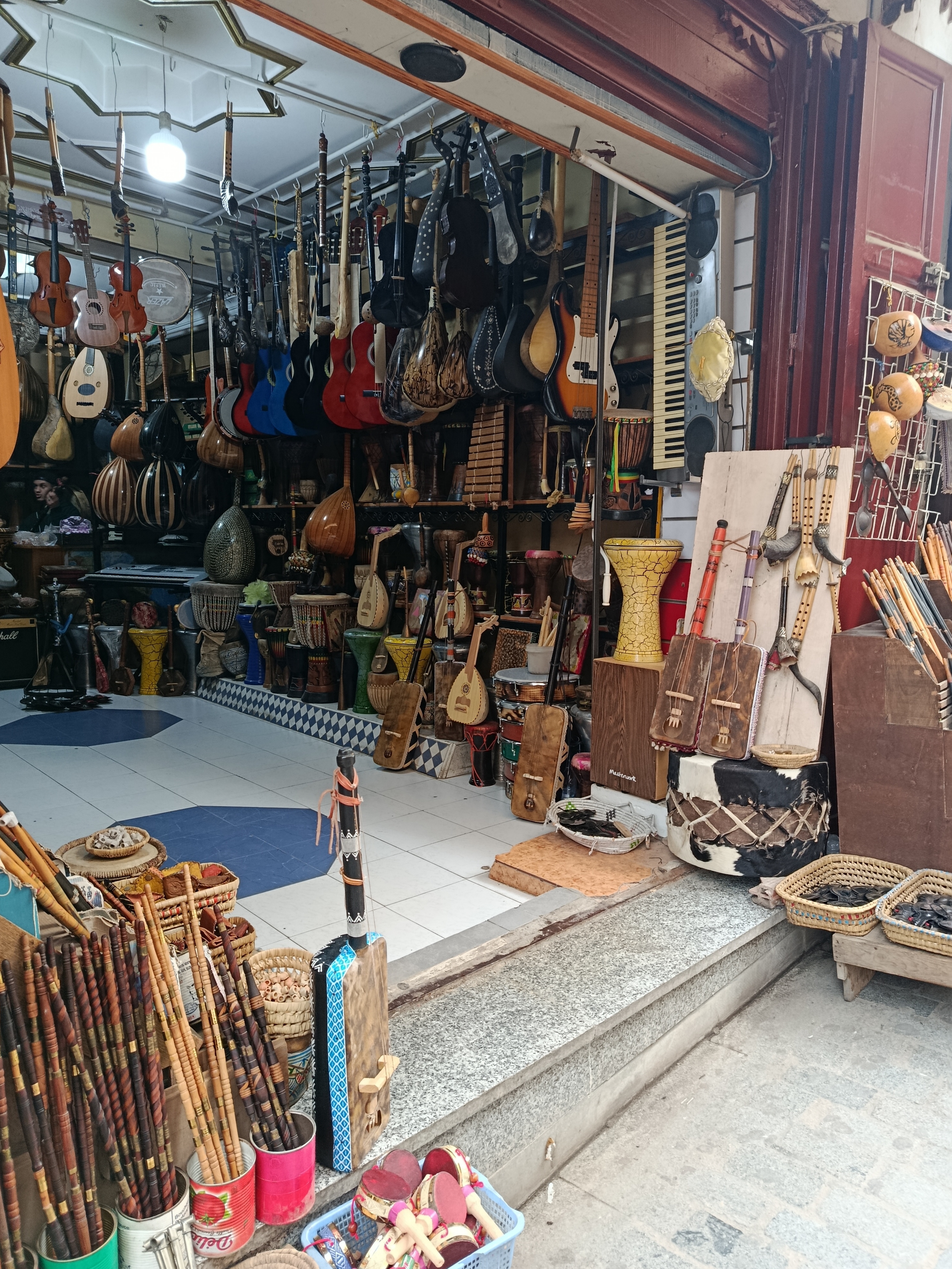 Display of traditional musical instruments in Fes, Morocco